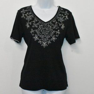 Black Alfred Dunner V Neck Short Sleeve Shirt - Size Small